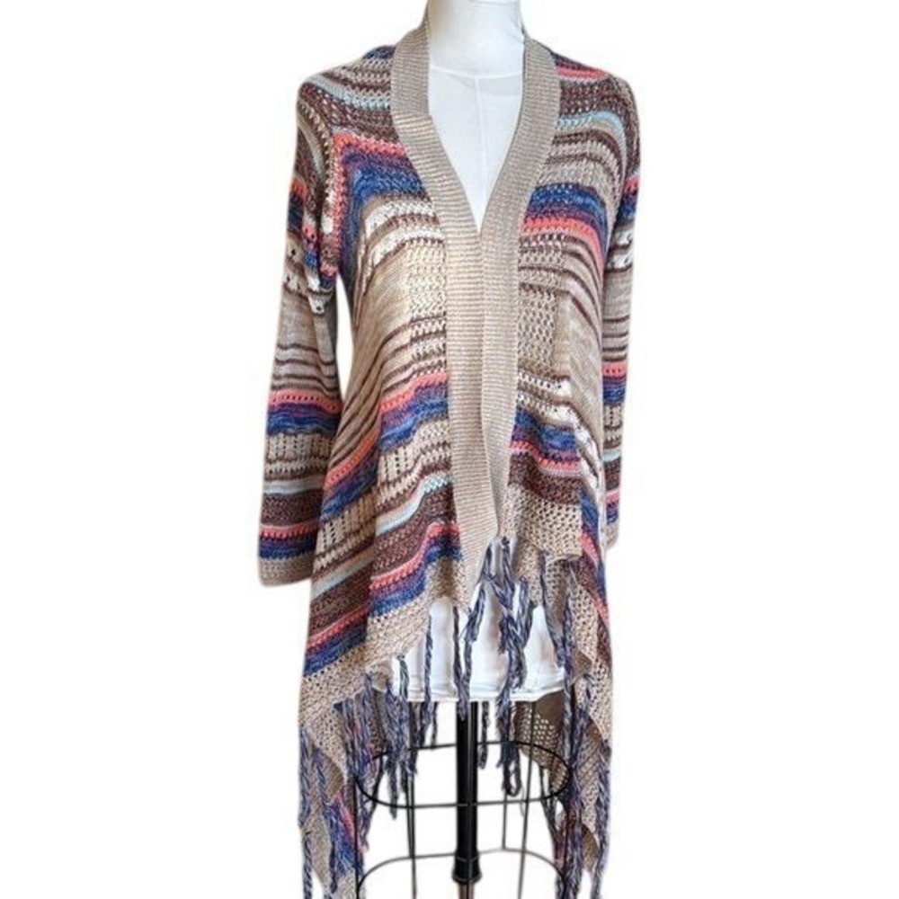 Paper Crane Open Knit Cardigan Duster Striped Fringe Boho Festival Size S
